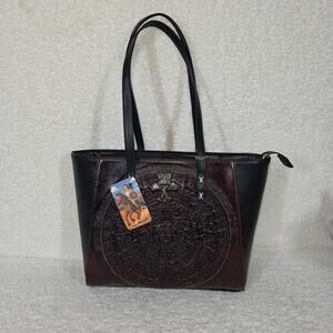 Aztec Calendar Mexican Handmade Faux Black Leather Tote Bag
